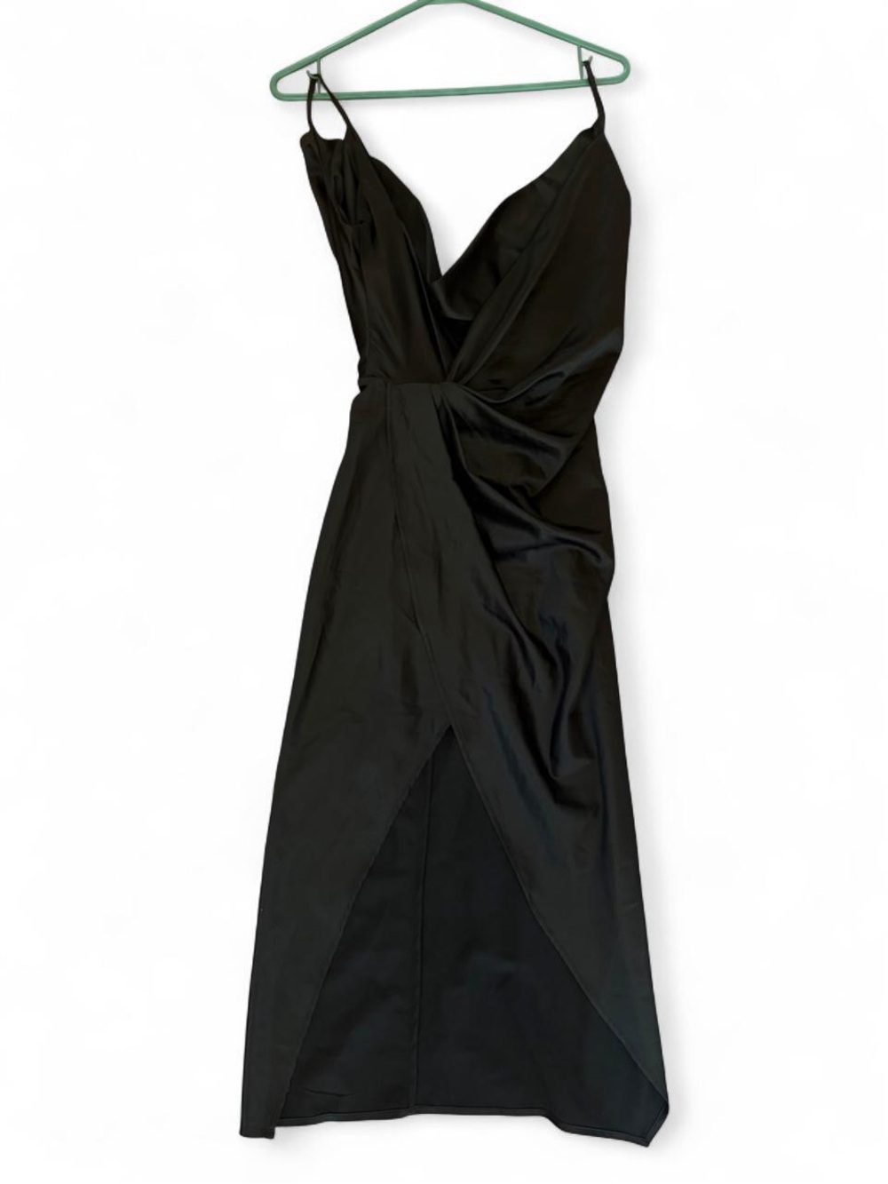 LBD Elegant Black Satin Wrap Asymmetrical Midi Dress with Spaghetti Straps XS